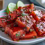 Juicy watermelon wedges sprinkled with Tajin and fresh lime juice, offering a refreshing and spicy treat.