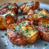 Aromatic roasted baby potatoes, smashed and seasoned, offering a satisfying crunch in every bite.  
