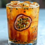 Vivid Tropical Sunrise Mocktail with passionfruit and orange, perfect refreshing chilled beverage.