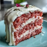 Dainty pink rosé velvet cake, frosted and adorned with stunning gold.