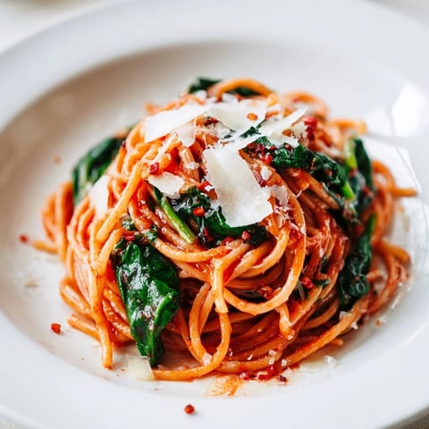 Quick Marinara Pasta with Spinach: a comforting, steaming platter of pasta and vibrant red sauce garnished with fresh basil.