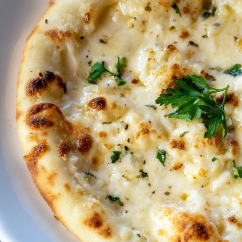 A close-up of Creamy Garlic White Pizza with golden bubbly mozzarella and a crispy crust brushed with olive oil.  