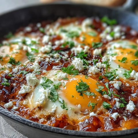 Vibrant Shakshuka with perfectly poached eggs nestled in spiced tomato sauce.