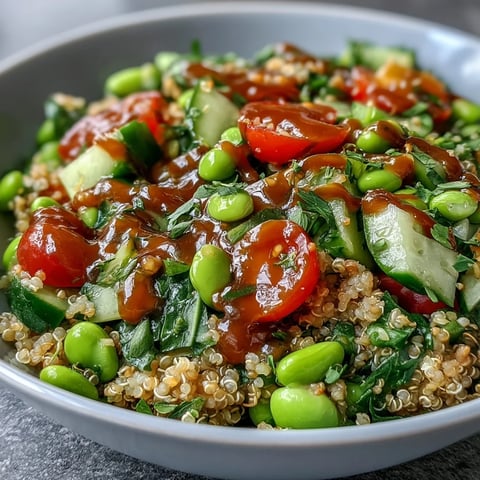 Colorful Edamame and Quinoa Salad with vibrant vegetables, ready to serve.