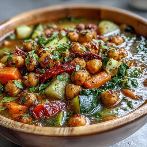 Golden, crispy roasted chickpeas simmer with tender vegetables and warm spices in this hearty Spiced Chickpea and Vegetable Soup.