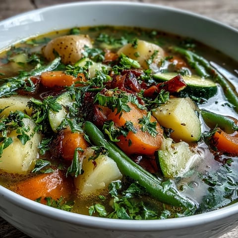 A steaming bowl of hearty Potato and Vegetable Soup, filled with colorful diced carrots, potatoes, and green beans.