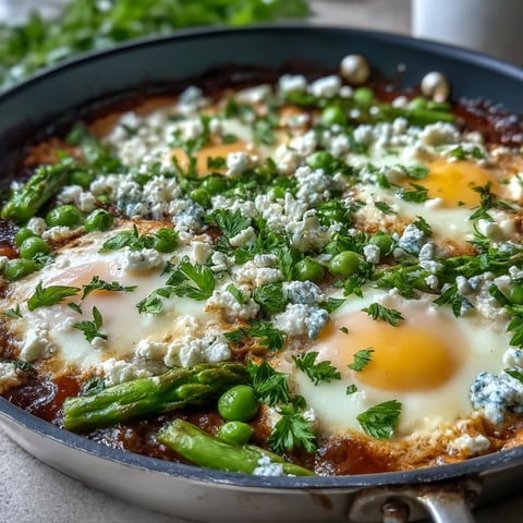 Pea and Broad Bean Shakshuka simmering in a deep skillet with runny-yolked eggs nestled in a vibrant tomato and asparagus sauce.