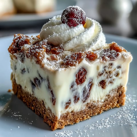 Festive Christmas Cheesecake Slab topped with whipped cream and snowy icing sugar dusting on a square serving.