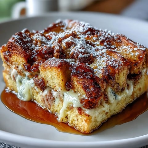 Golden-brown Monte Cristo Breakfast Casserole fresh from the oven, dusted with powdered sugar.