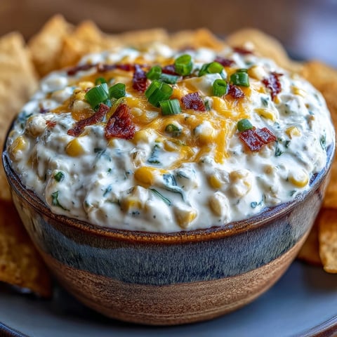 A warm, bubbly bowl of Crack Corn Dip topped with melted cheddar and fresh jalapeños, served with tortilla chips for dipping.