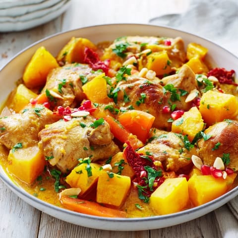 Slow cooker soft spice chicken and sweet potato tagine with tender chicken and flavorful spices, ready to eat.