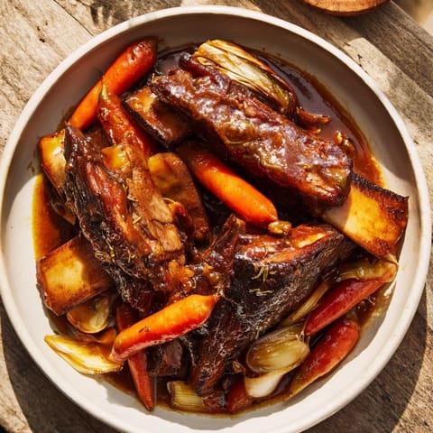 Hearty One-Pot Amber-Glowed Beer-Braised Short Ribs with fall-apart meat and vibrant vegetables, perfect for a chilly night.