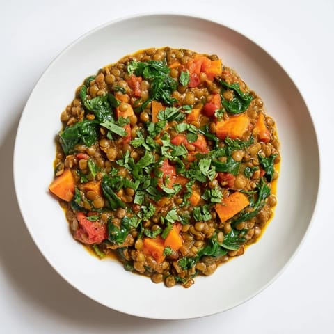 Earthy Lentil and Spinach Curry simmering with spices and vegetables, perfect for a vegan dinner.