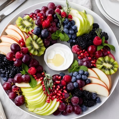 A festive holiday Winter Berry Wreath Fruit Board arranged, featuring colorful grapes, berries, and sliced fruit.