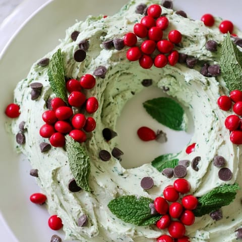 Festive Mint Chocolate Chip Dip Wreath is a creamy, holiday dessert perfect for cookie dipping.