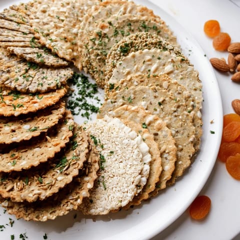 Close-up of Gourmet Crackers in layers, offering a delicious assortment perfect for sophisticated snacking anytime.