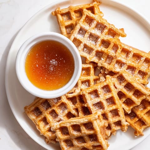 Crisp waffle quarters, ideal for a finger food breakfast, sit ready for a tasty syrup dip.