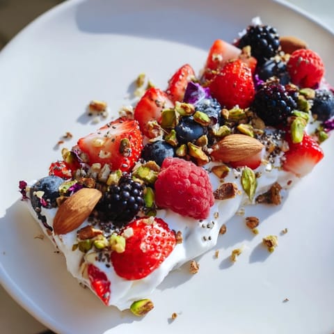A close-up of beautifully arranged frozen fruit yogurt bark, bursting with summer berry flavors.