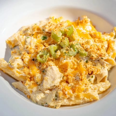 A close-up of Jalapeño Popper Chicken Pasta, showcasing the spicy peppers and tender shredded chicken.