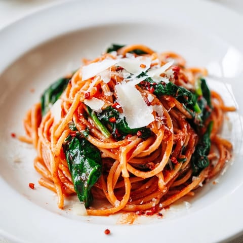 Quick Marinara Pasta with Spinach: a comforting, steaming platter of pasta and vibrant red sauce garnished with fresh basil.