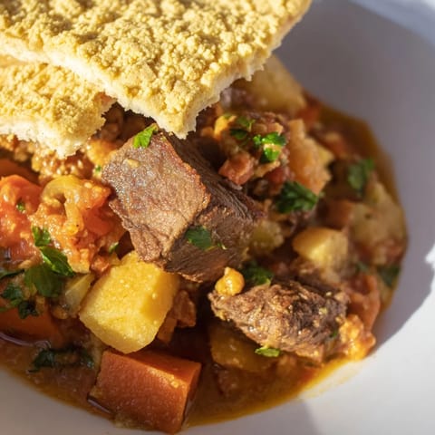 Enjoy the rich aromas of this Yemeni Saltah, a hearty stew layered with spices and flatbread.