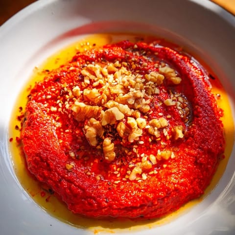Smoky Syrian Muhammara dip, a vibrant blend of roasted peppers and walnuts, ready to be scooped up.