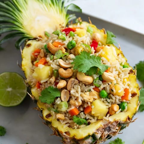 Vibrant Thai-style pineapple fried rice with sweet fruit, crunchy cashews, and colorful veggies in a pineapple bowl.