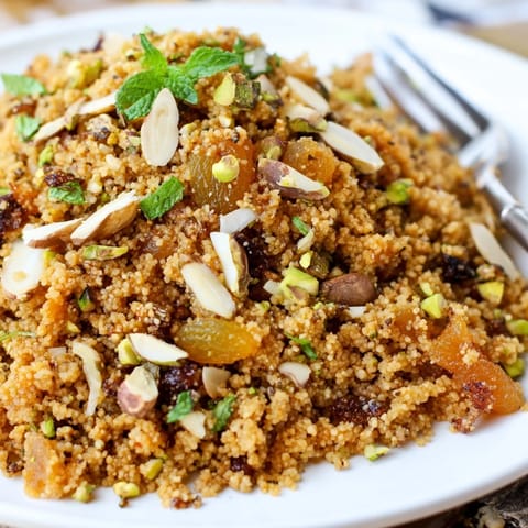 Warm couscous pilaf studded with toasted almonds and pistachios, garnished with parsley and lemon wedges.  