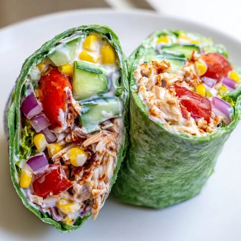 Close-up of a halved BBQ Chicken Salad Wrap showing the smoky shredded chicken, creamy dressing, sweet corn, and red onion tucked inside a fresh spinach tortilla.
