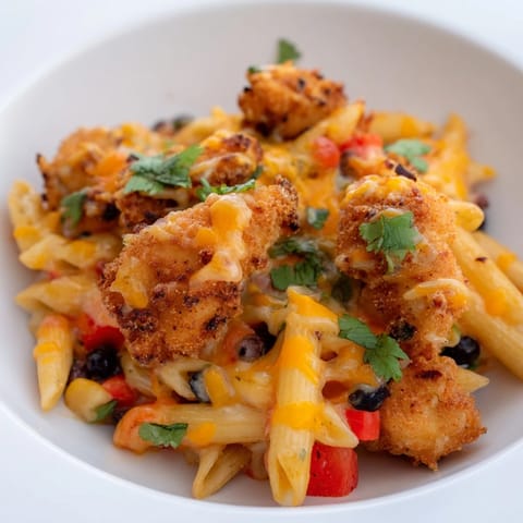 Golden, crispy chicken pieces mixed into cheesy pasta with black beans, corn, and red bell peppers for a Tex-Mex weeknight meal.