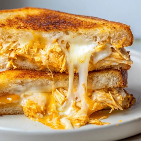 Melted cheddar and buffalo chicken fill buttery, toasted bread slices, garnished with fresh green onions.