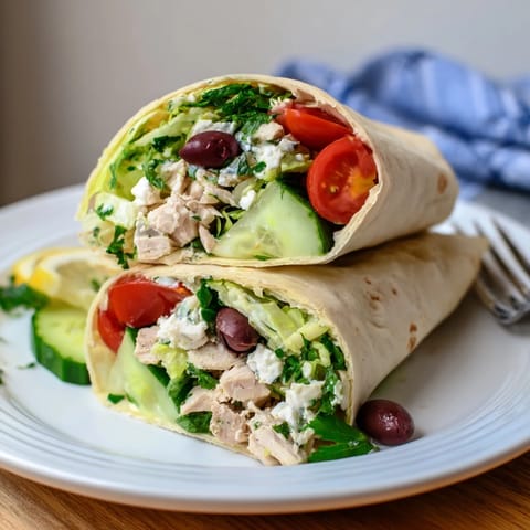 Juicy lemon-herb chicken chunks mingle with crisp cucumber and tangy feta inside a soft, pillowy tortilla.  