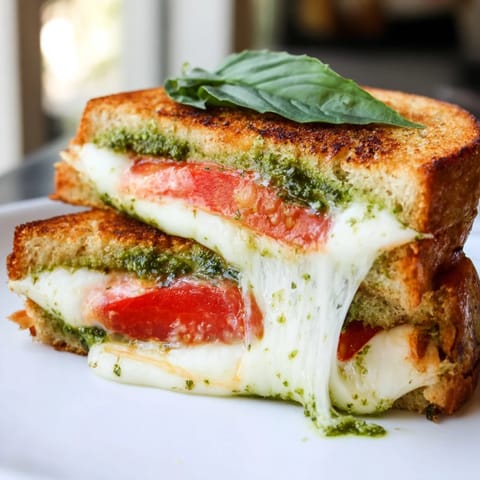 A warm Caprese Pesto Grilled Cheese rests on a rustic wooden board, garnished with fresh basil and ready to serve.