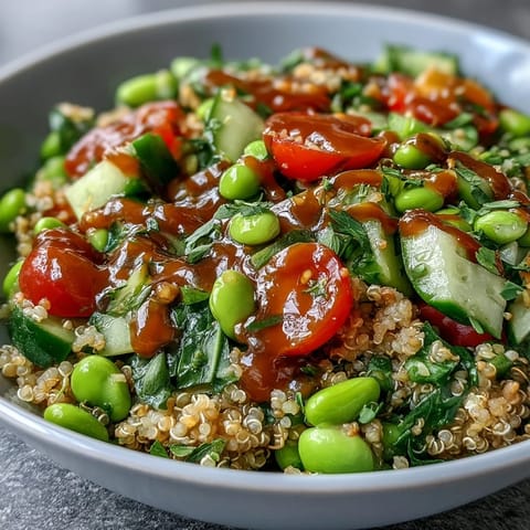 Colorful Edamame and Quinoa Salad with vibrant vegetables, ready to serve.
