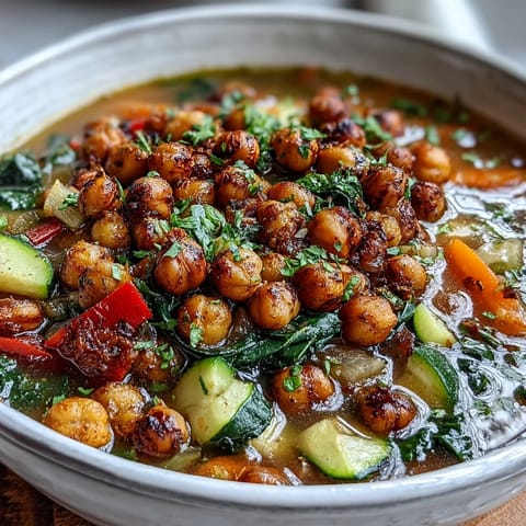 Steaming bowl of vibrant Spiced Chickpea and Vegetable Soup topped with fresh cilantro, served beside crusty artisan bread for dipping.