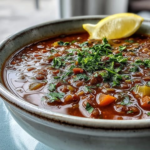 Close-up of hearty Tomato Lentil Soup, showing tender lentils and diced carrots in a rich tomato broth.