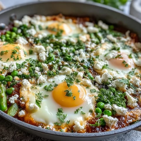 A rustic pan of Pea and Broad Bean Shakshuka topped with crumbled feta and fresh herbs, ready to be scooped with crusty bread.