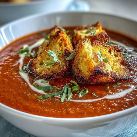 Roasted Red Pepper Soup with crispy croutons in a rustic bowl, steam rising from the vibrant orange-red purée beside fresh herbs.