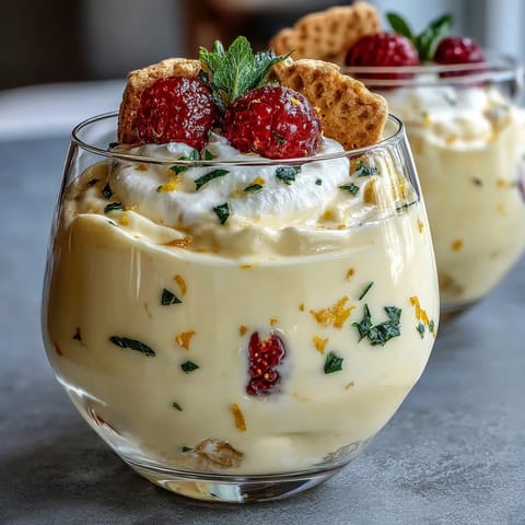 Light, marbled lemon fool served in elegant dessert glasses with shortbread biscuits on the side.