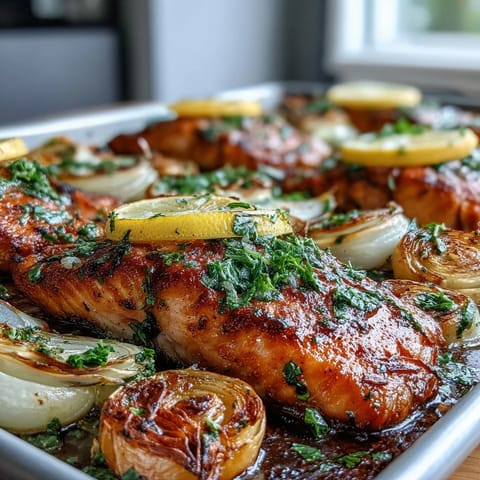 Golden-brown roasted leeks and onions cradle tender, flaky salmon fillets, garnished with bright green parsley dressing.