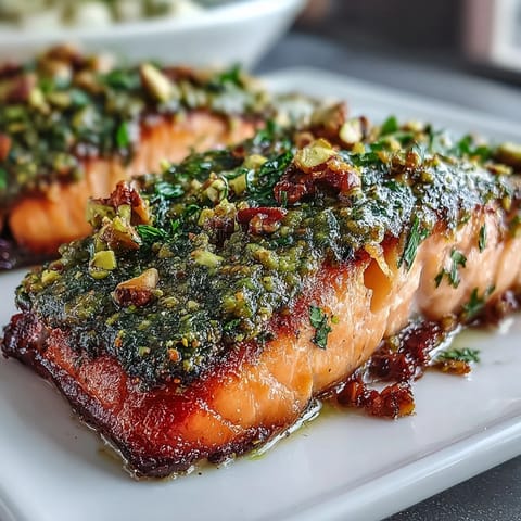 Freshly crusted Confit Salmon With Tahini, Pistachio and Herb Crust topped with vibrant herbs and finely chopped pistachios.