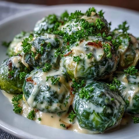 Tender Brussels sprouts coated in a velvety cream cheese sauce with garlic, onion, and a bright lemon finish.