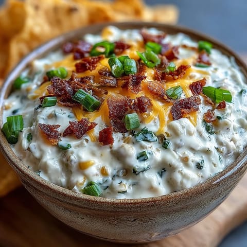 A creamy, chilled Crack Corn Dip loaded with sweet corn, green onions, and jalapeños, surrounded by crunchy tortilla chips.