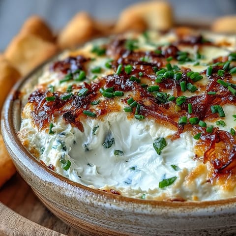 Warm Smoked Gouda & Onion Dip bubbling in a baking dish, garnished with fresh chives and paired with vegetable crudités.