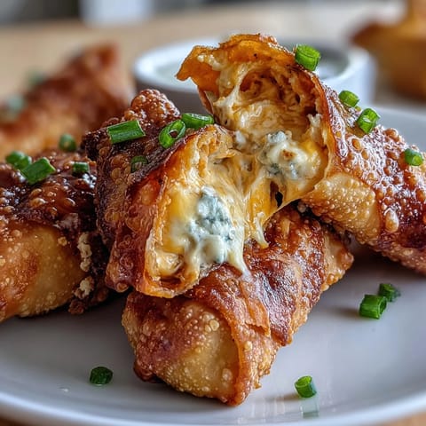 Freshly fried Buffalo Chicken Dip Egg Rolls stuffed with melty cheddar and garnished with green onions.