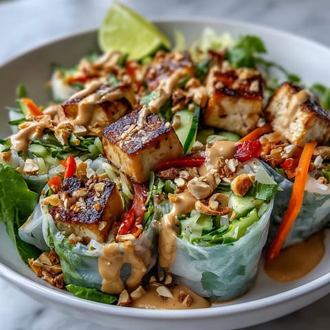 Deconstructed Rice Paper Roll Bowl featuring silky rice paper shards, crisp veggies, fresh herbs, and a drizzle of peanut-lime dressing, served over rice noodles.