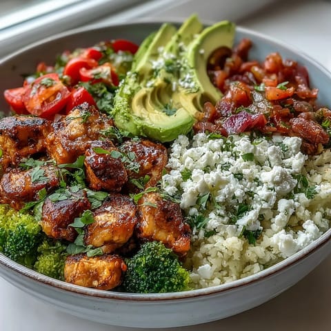 A colorful Cauliflower Rice Bowl with seasoned chicken, crisp bell peppers, and fresh avocado slices ready to eat.