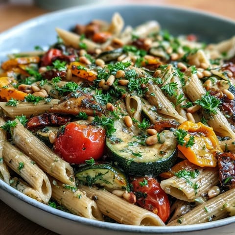 A hearty vegetarian Whole Wheat Pasta Bowl topped with toasted pine nuts and fresh parsley, served warm for dinner.