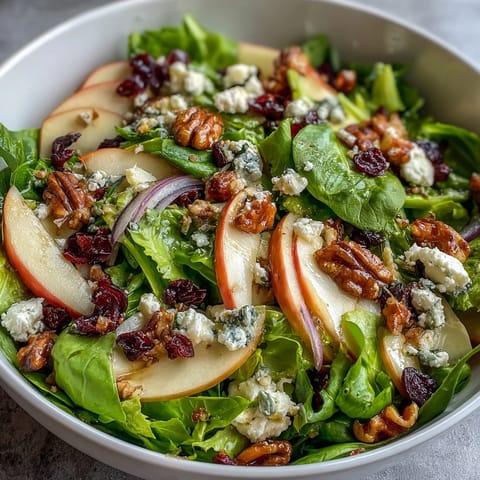 Fresh, crisp mixed greens and apple slices topped with creamy goat cheese and crunchy walnuts in a Mixed Greens and Apple Bowl.