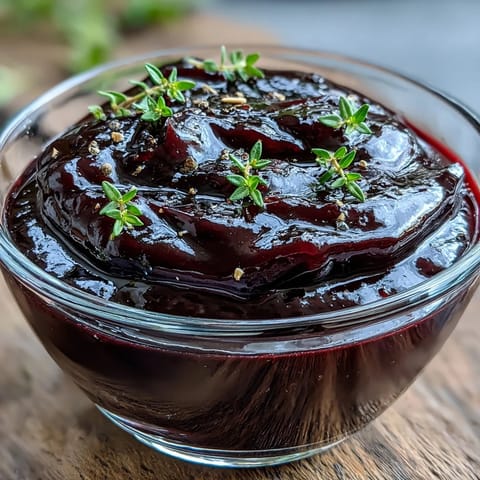 Glossy black currant glaze in a white dish, brushed over golden roasted vegetables for a tangy-sweet finish.  